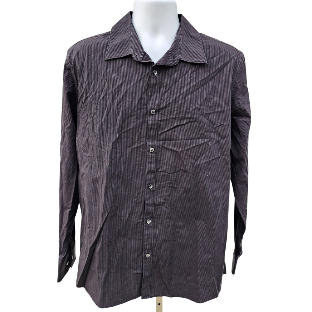Calvin Klein Mens Large Black Pinstripe Button Front Shirt Non Iron L